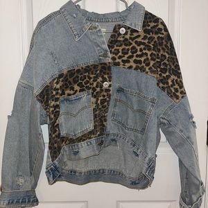 Lizard Thicket Distressed Denim Jacket with Cheetah Print